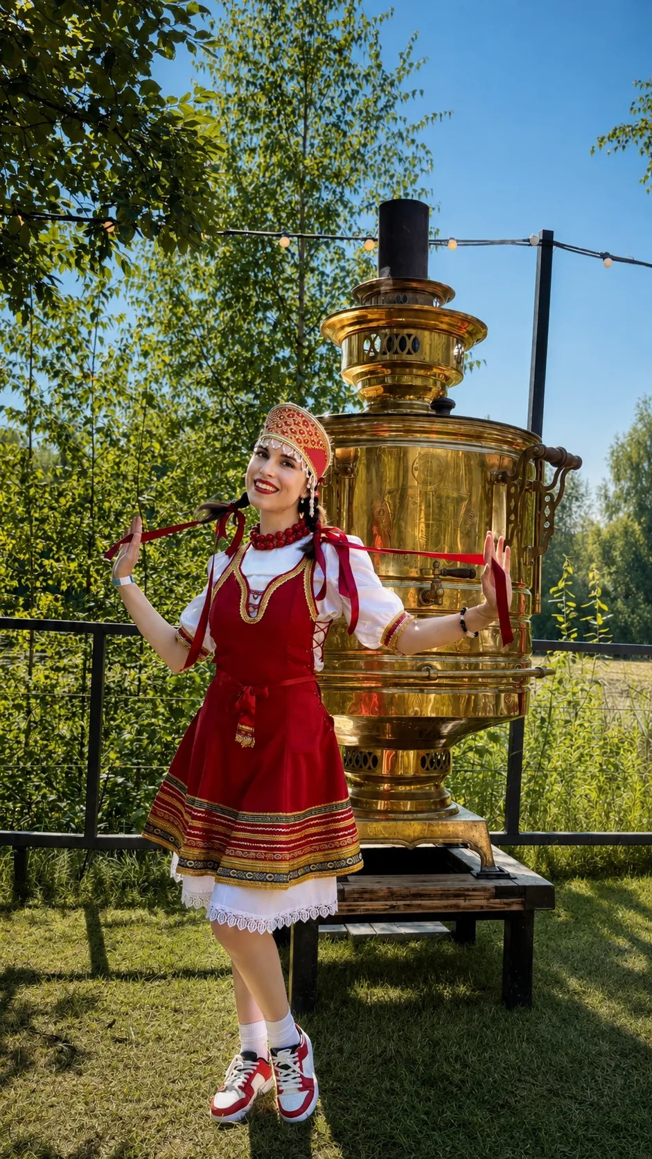 300-литровый жаровой самовар и сотрудница в русском народном костюме